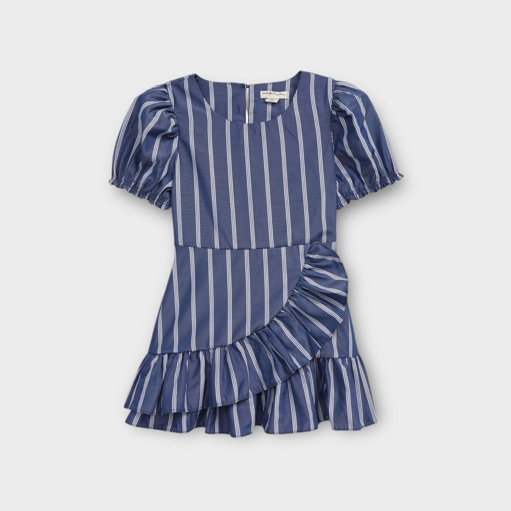 Habitual Striped Ruffled Mock Wrap Blue Dress